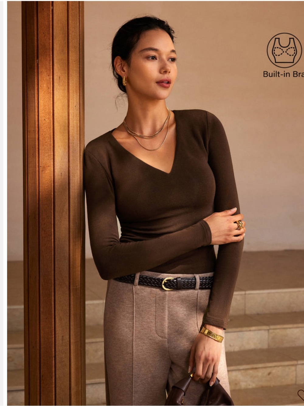 OGL Espresso Long Sleeve V-Neck Top with Built-In Bra